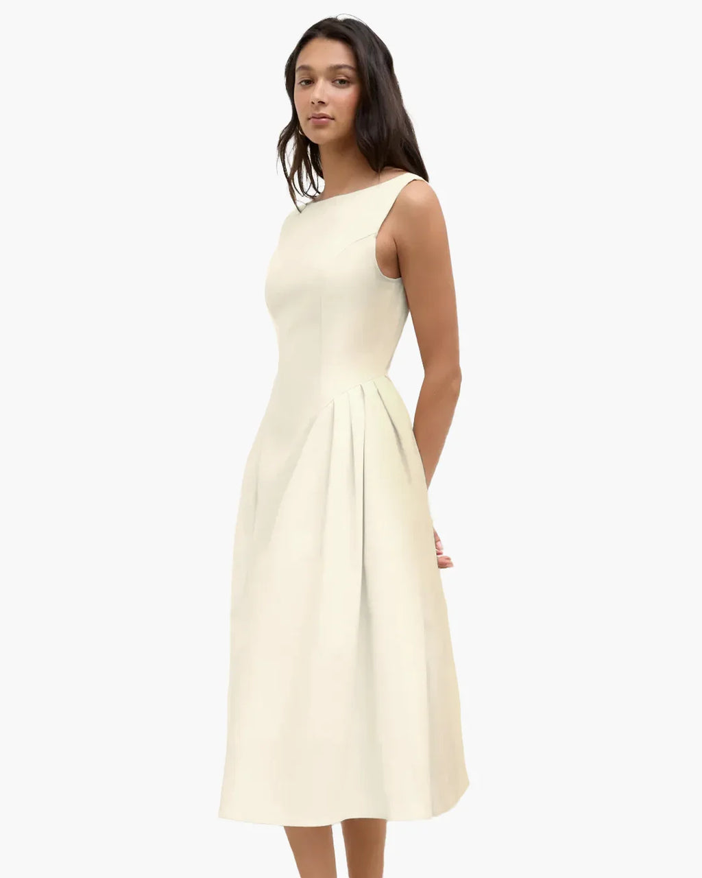 Sleeveless Flared Midi Dress in Beige
