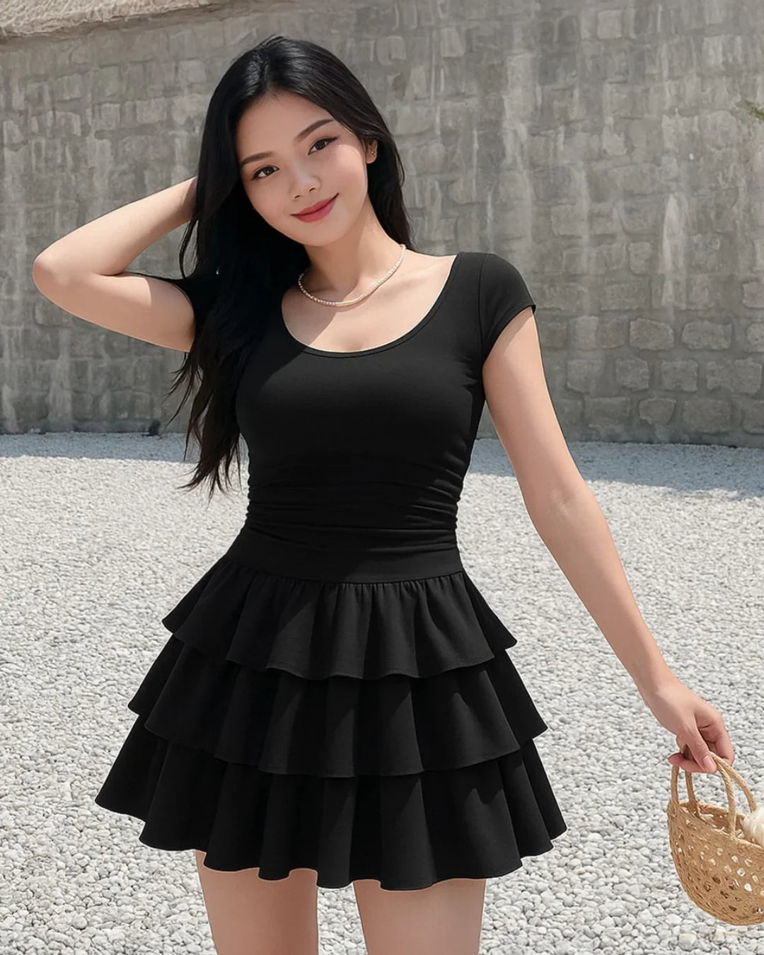Sleeveless Flared Ruffle Mini Dress in Black