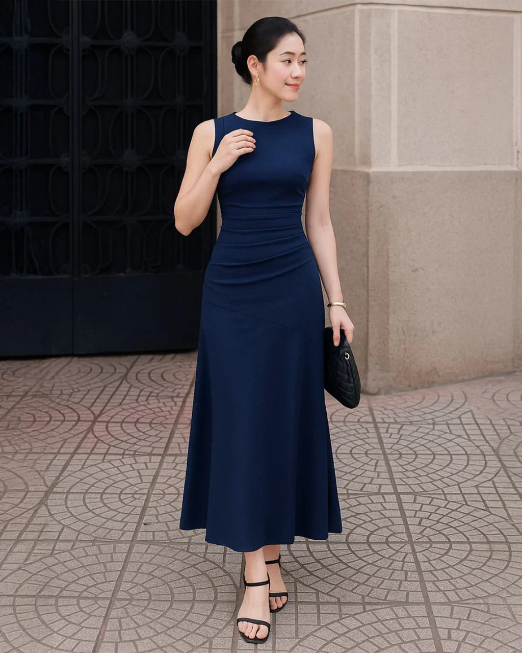 Sleeveless Maxi Dress with Flared Hem in Dark Navy Blue