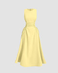 Sleeveless Midi Dress with Side Ruched Detail in Yellow