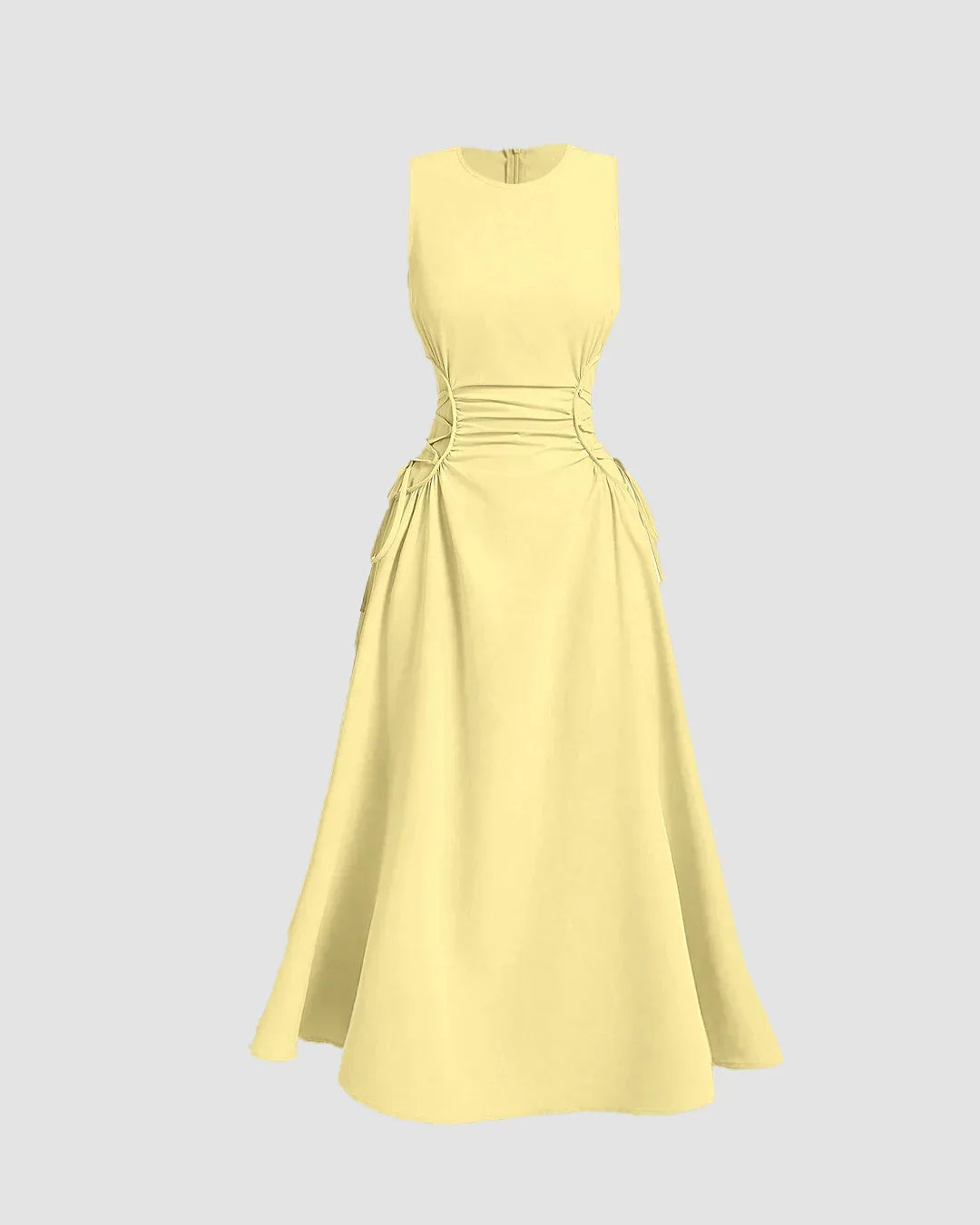 Sleeveless Midi Dress with Side Ruched Detail in Yellow
