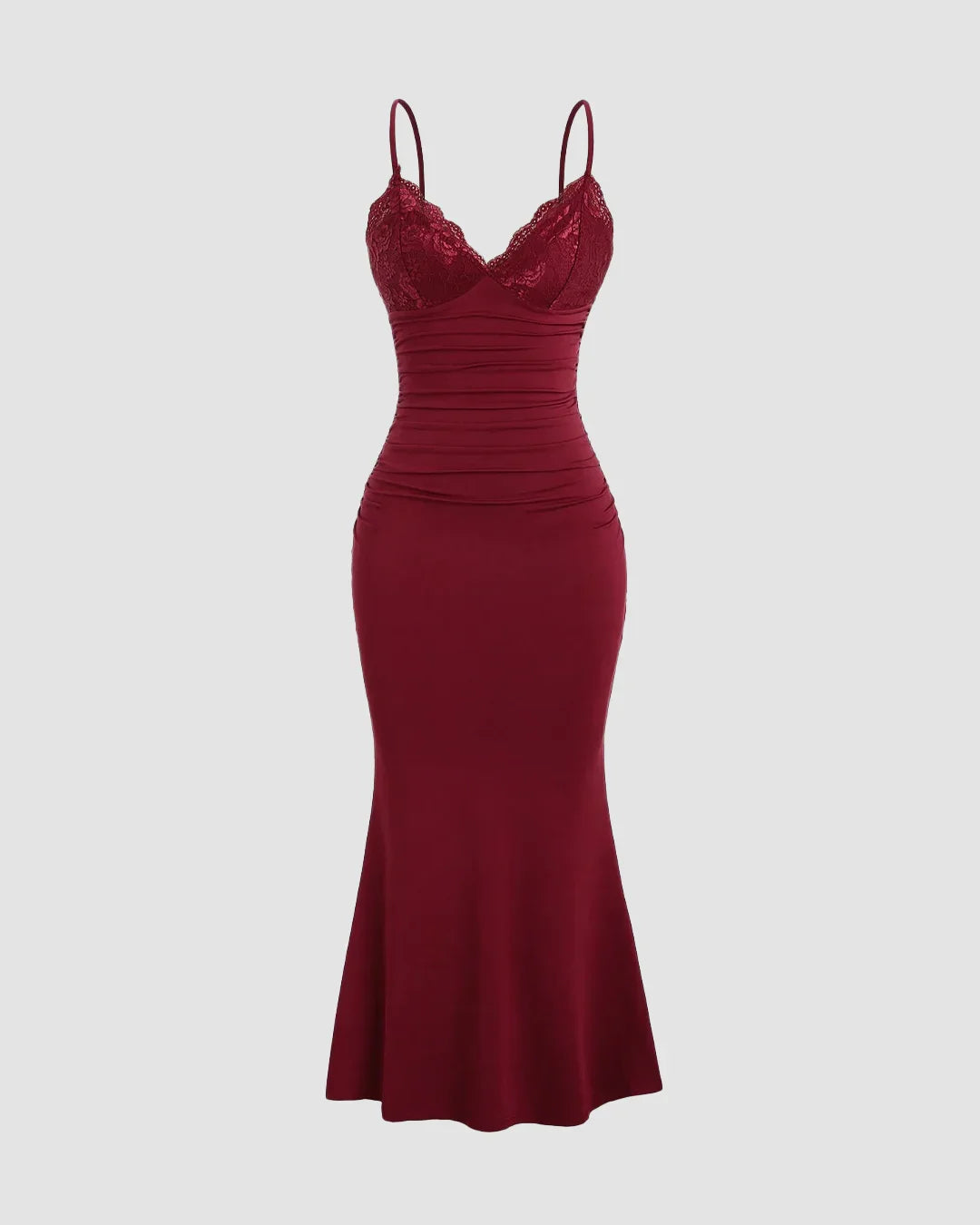 Bodycon Party Dress with Lace Trim and Flared Hem in Maroon