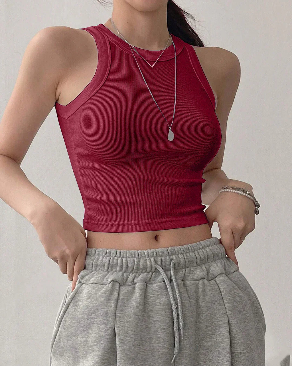 Sleeveless Ribbed High Neck Crop Top in Maroon