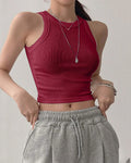 Sleeveless Ribbed High Neck Crop Top in Maroon