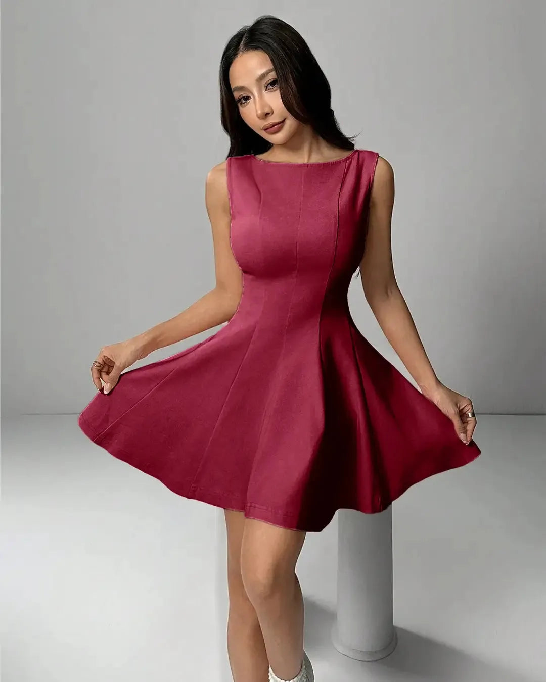 Sleeveless Round Neck Fit & Flare Mini Dress In Maroon