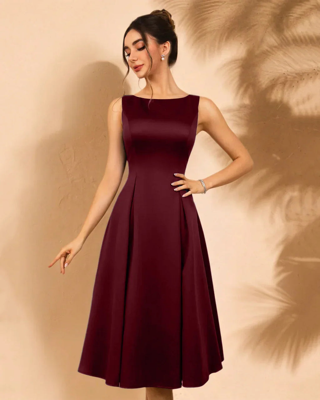 Sleeveless Round Neck Flared Midi Dress in Red