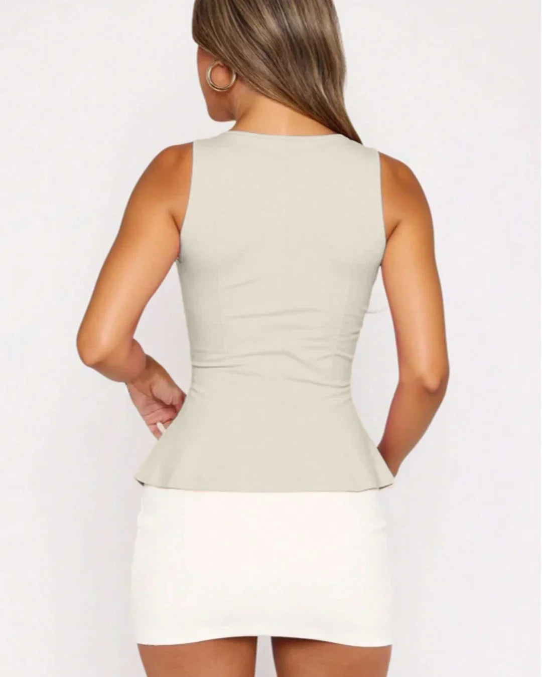Sleeveless Round Neck Flared Peplum Top in Beige