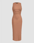 Sleeveless Round Neck Slim Fit Midi Dress in Biscuit Brown