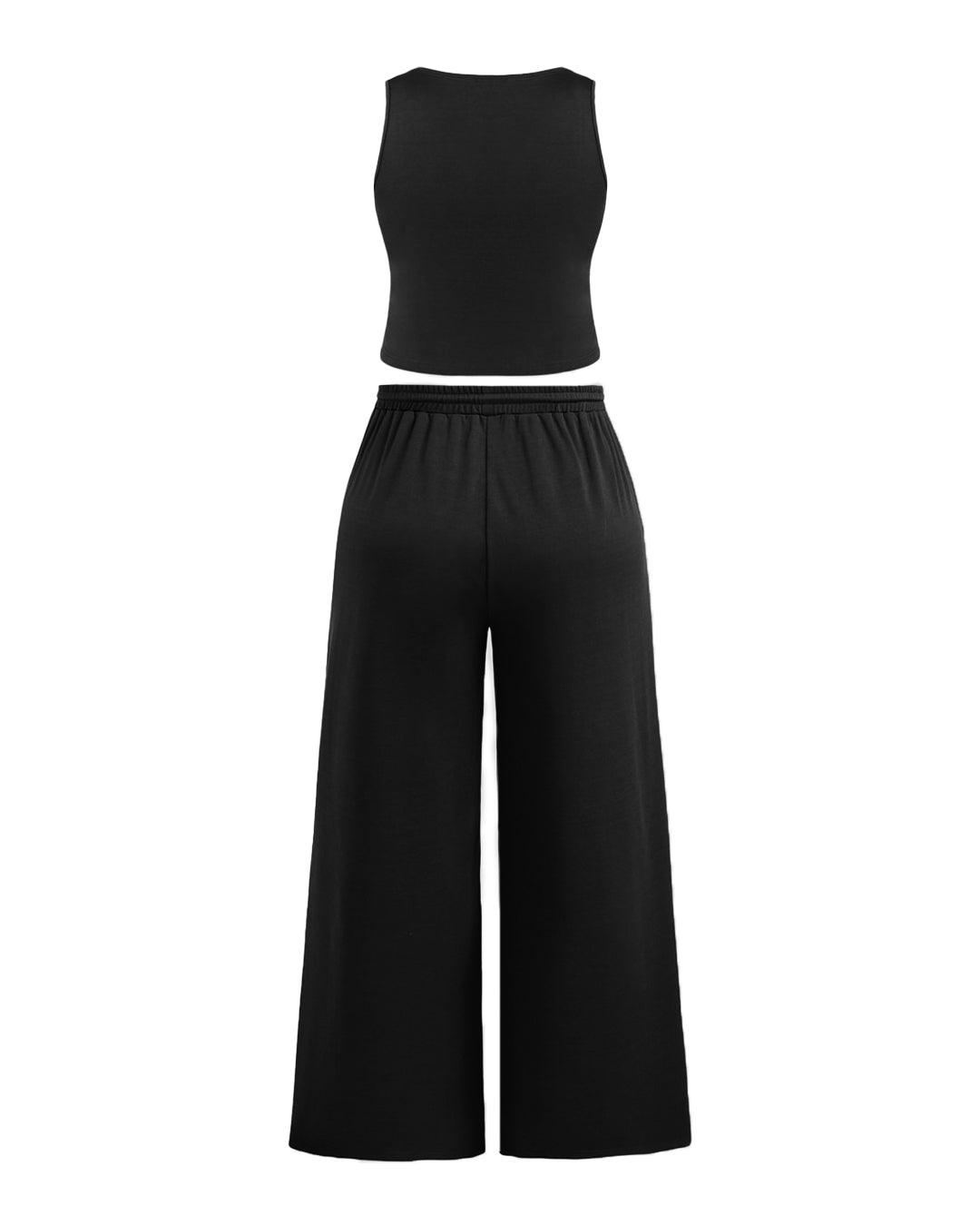 Sleeveless Round Neck Top and Drawstring Loose Pant In Black