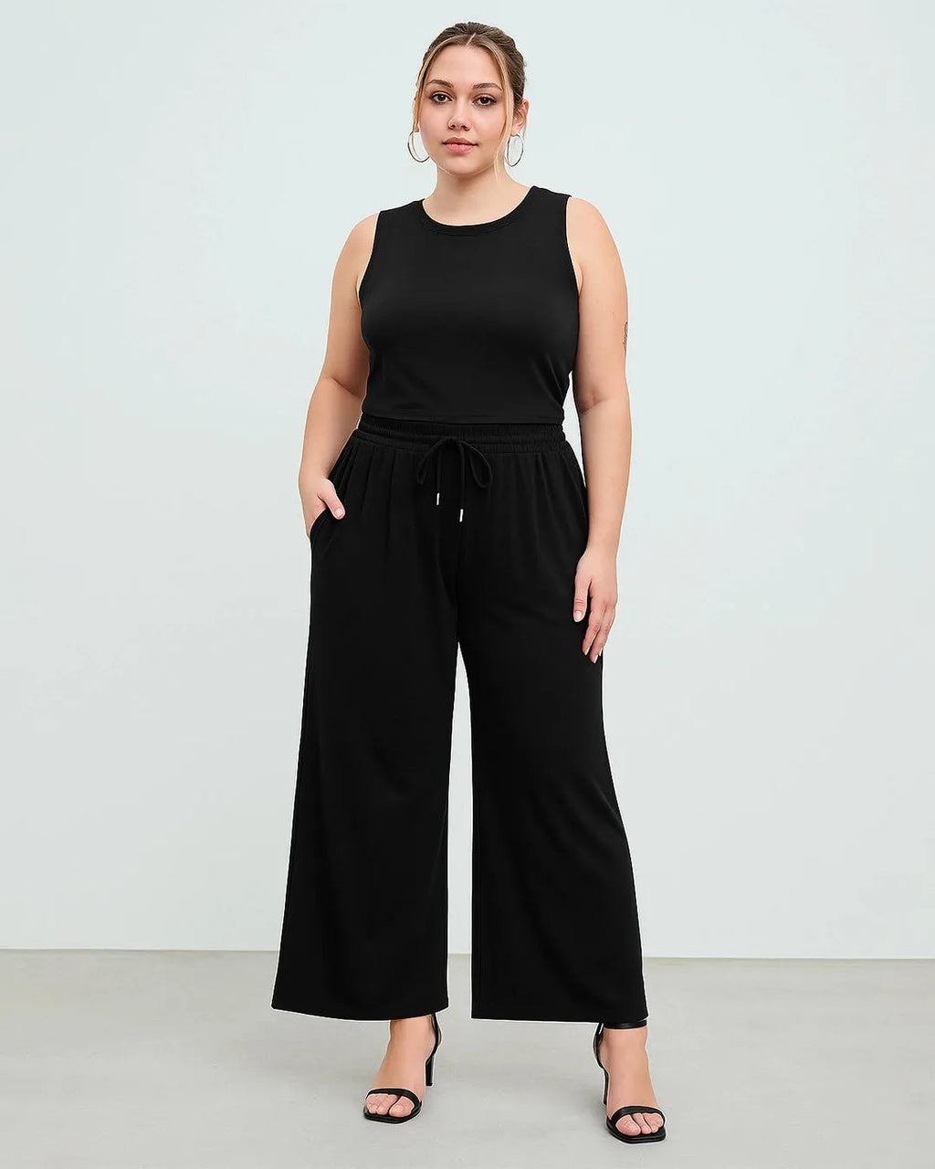 Sleeveless Round Neck Top and Drawstring Loose Pant In Black
