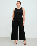 Sleeveless Round Neck Top and Drawstring Loose Pant In Black
