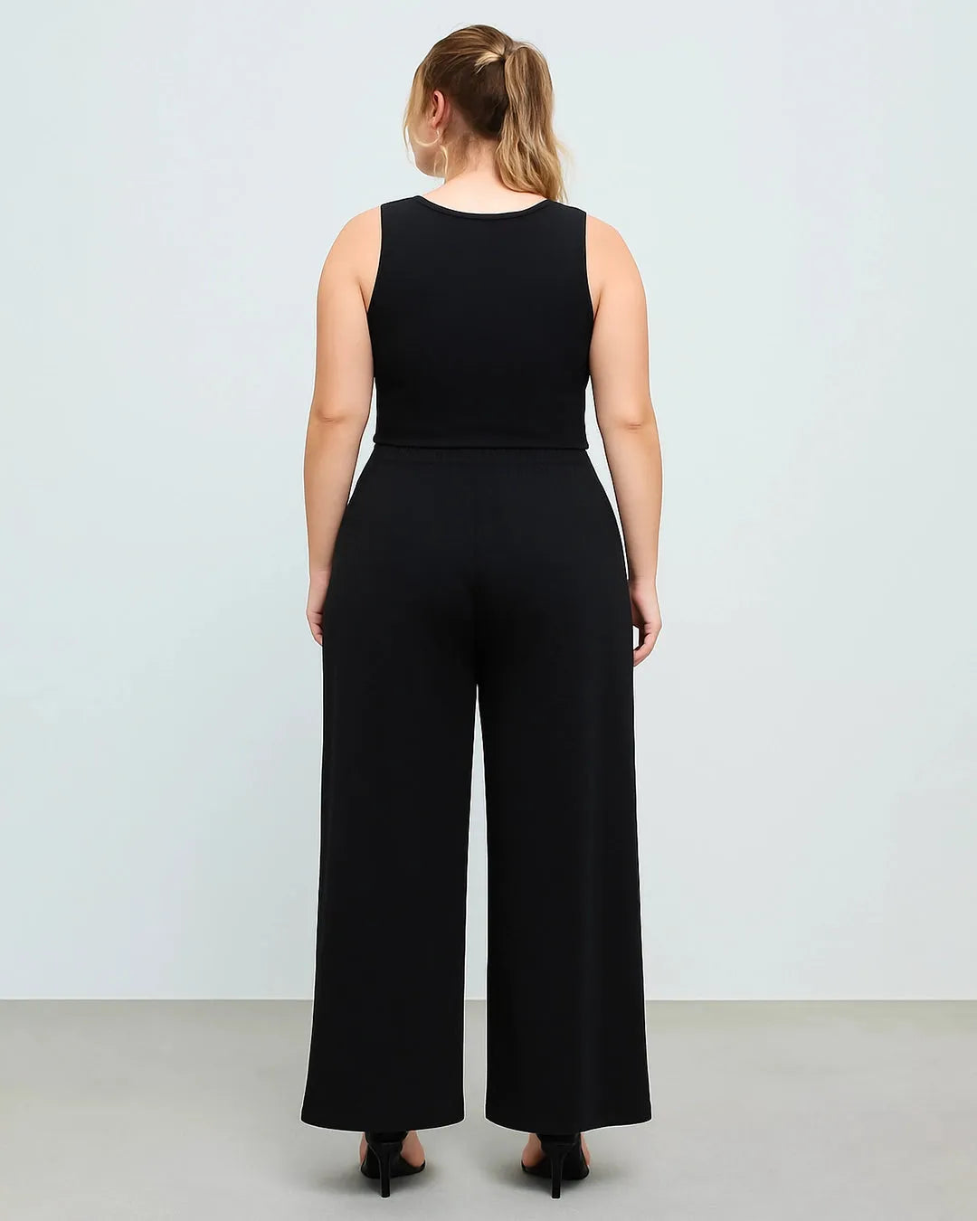Sleeveless Round Neck Top and Drawstring Loose Pant In Black
