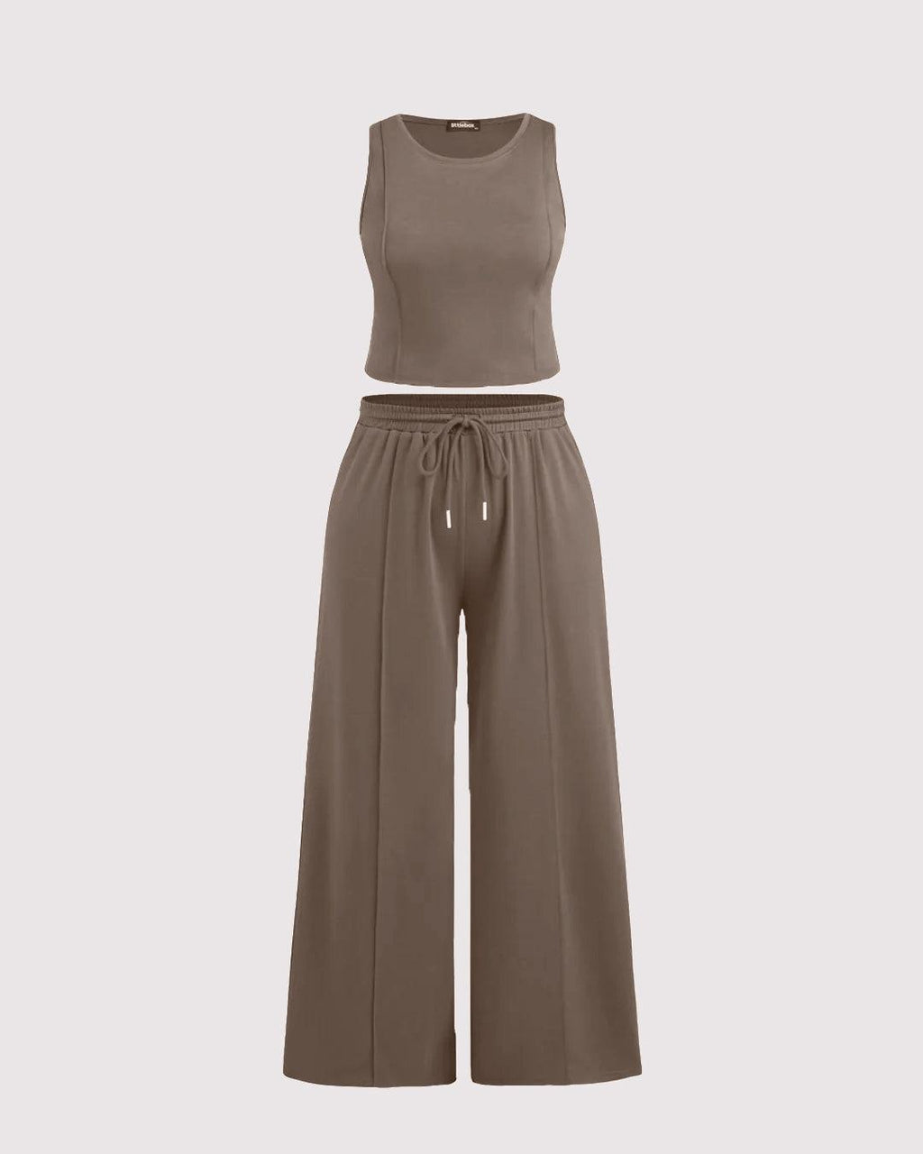 Sleeveless Round Neck Top and Drawstring Loose Pant In Brown