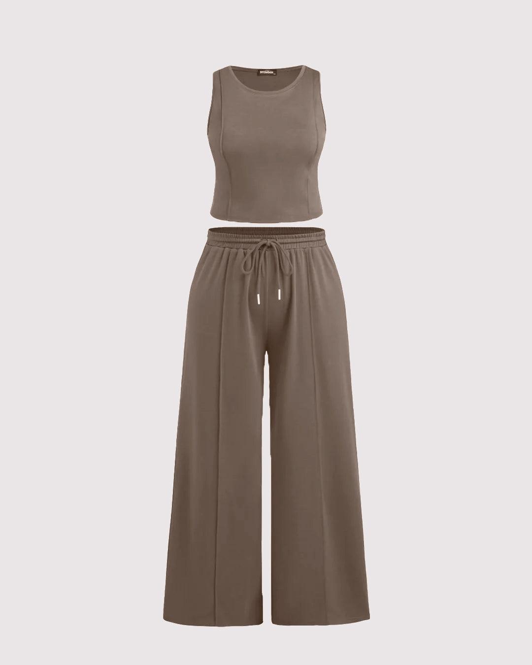 Sleeveless Round Neck Top and Drawstring Loose Pant In Brown