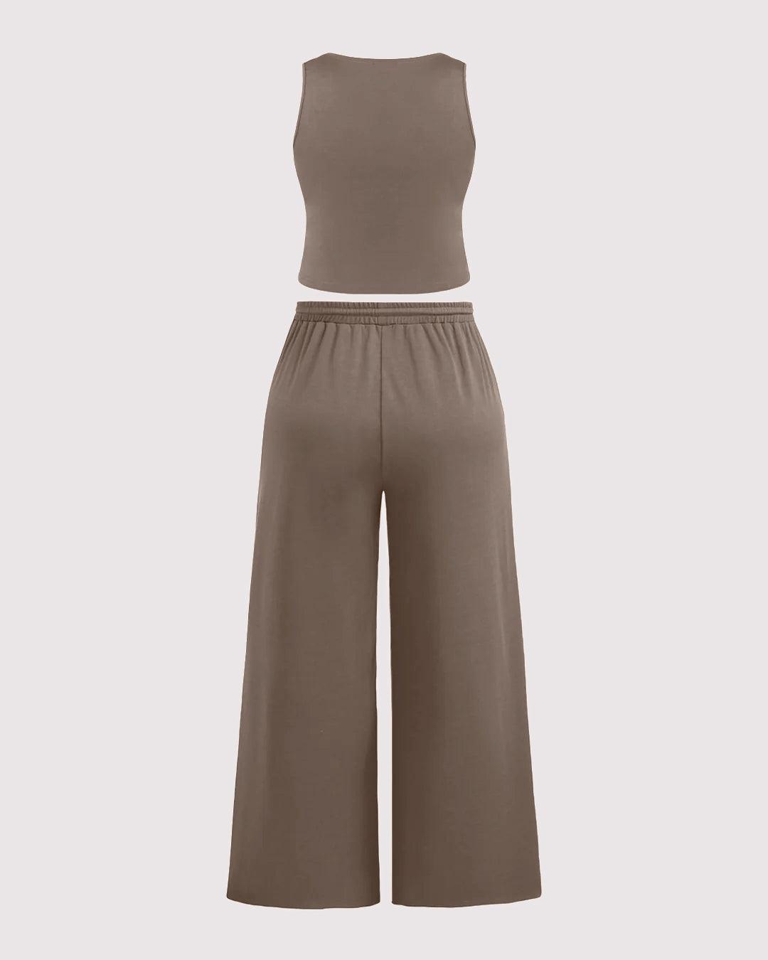 Sleeveless Round Neck Top and Drawstring Loose Pant In Brown