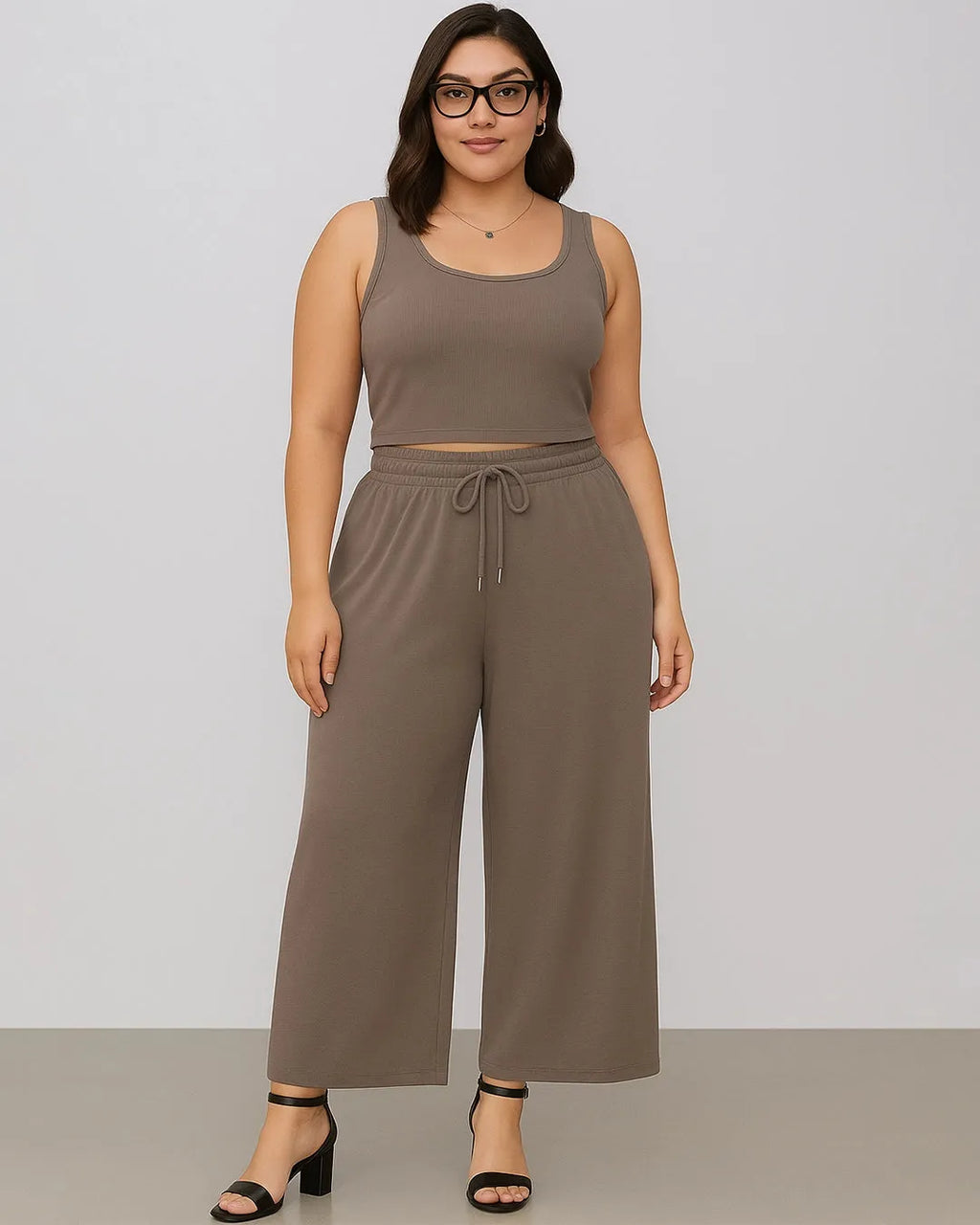 Sleeveless Round Neck Top and Drawstring Loose Pant In Brown