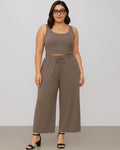 Sleeveless Round Neck Top and Drawstring Loose Pant In Brown