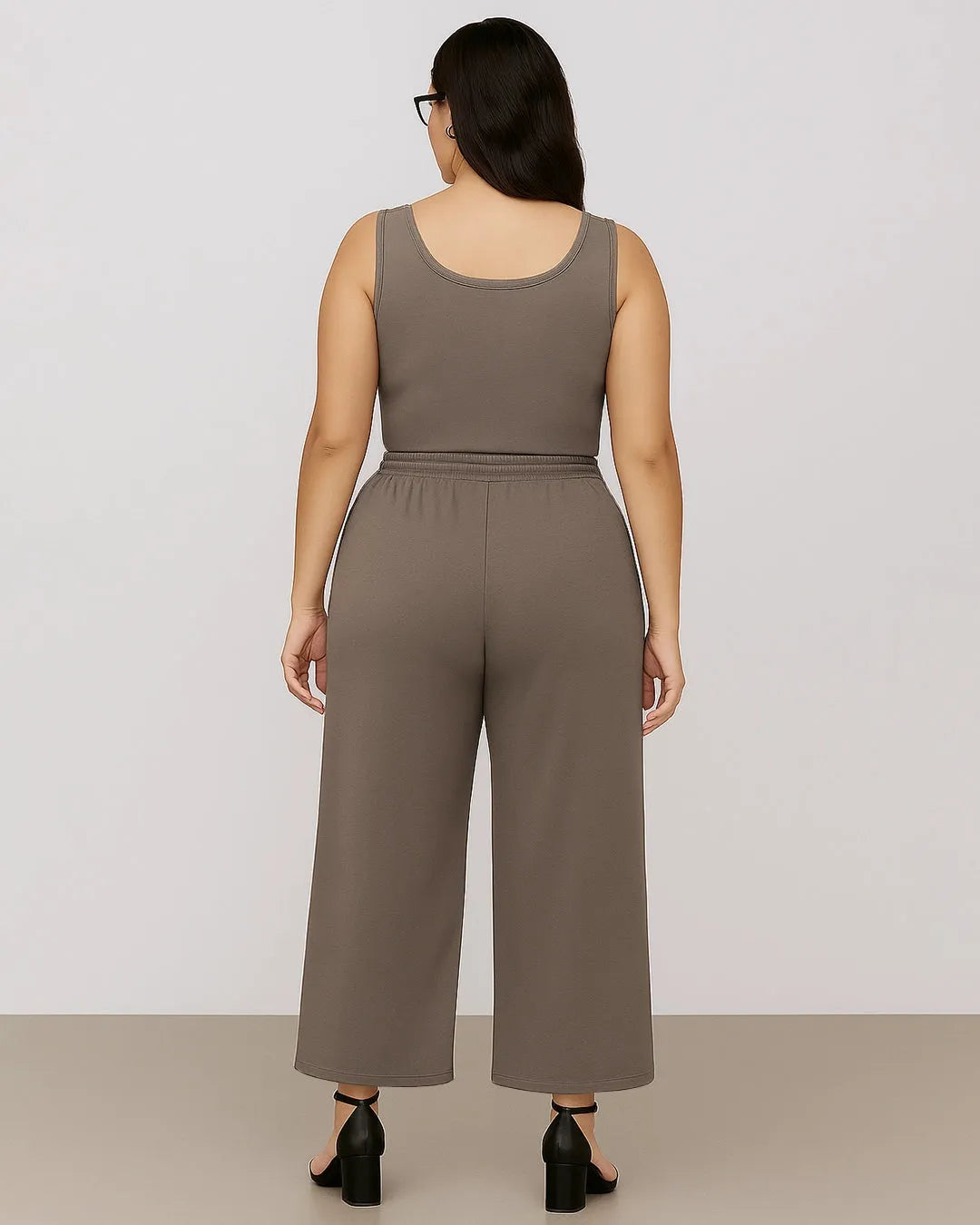 Sleeveless Round Neck Top and Drawstring Loose Pant In Brown