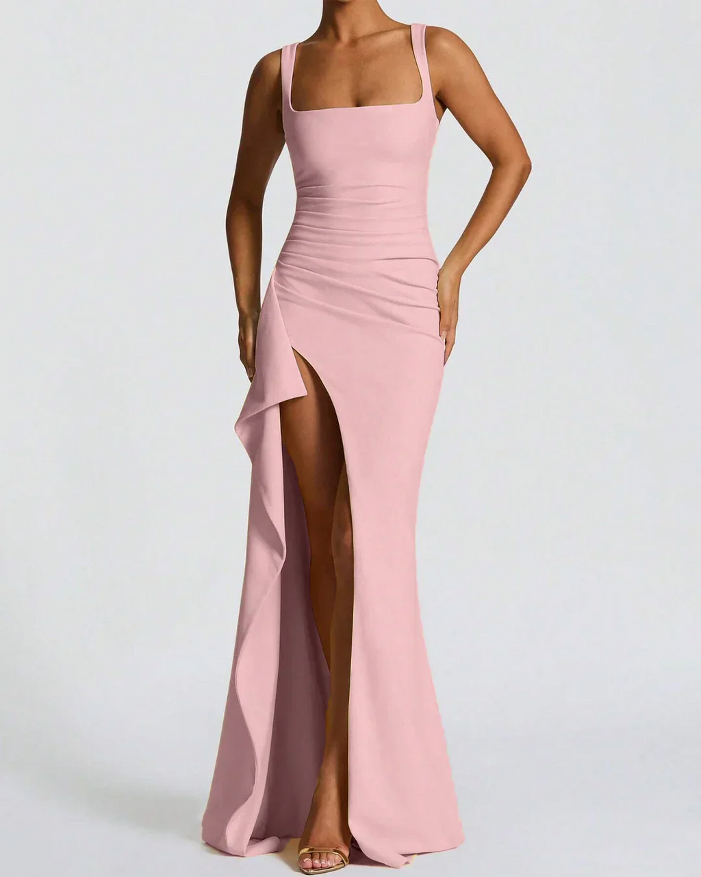 Sleeveless Ruched Slit Maxi Dress in Dusty Pink