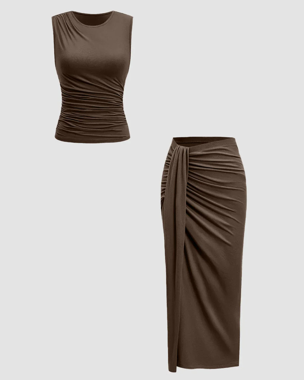 Sleeveless Ruched Top & Midi Skirt Set in Brown