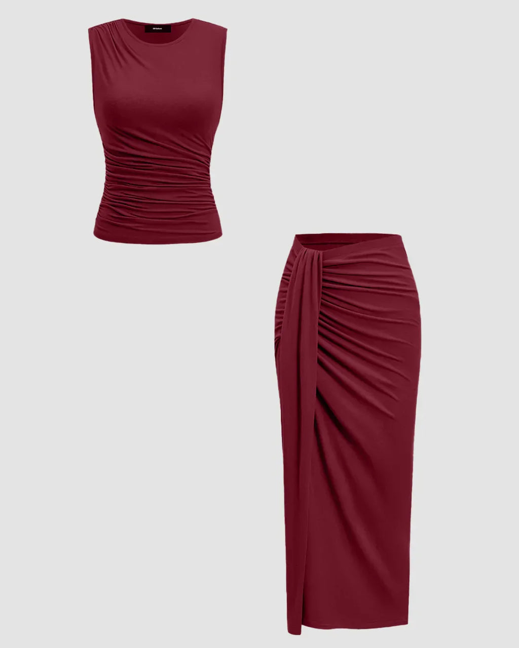 Sleeveless Ruched Top & Midi Skirt Set in Maroon