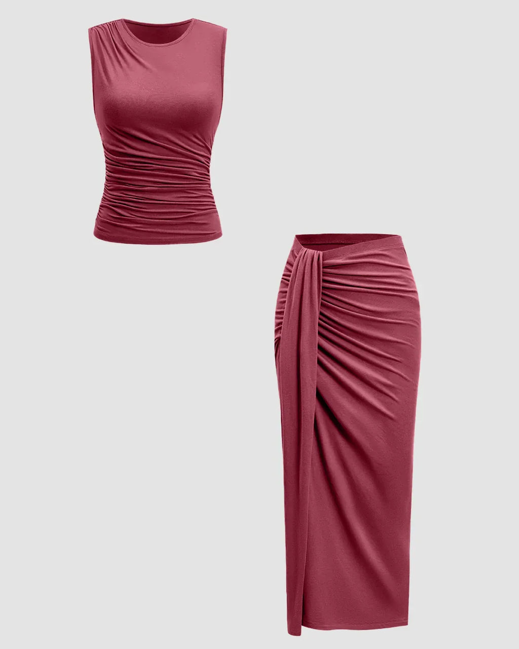 Sleeveless Ruched Top & Midi Skirt Set in Ruby
