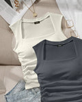 Sleeveless Square Neck Fitted Top in Dark Grey and Milky White