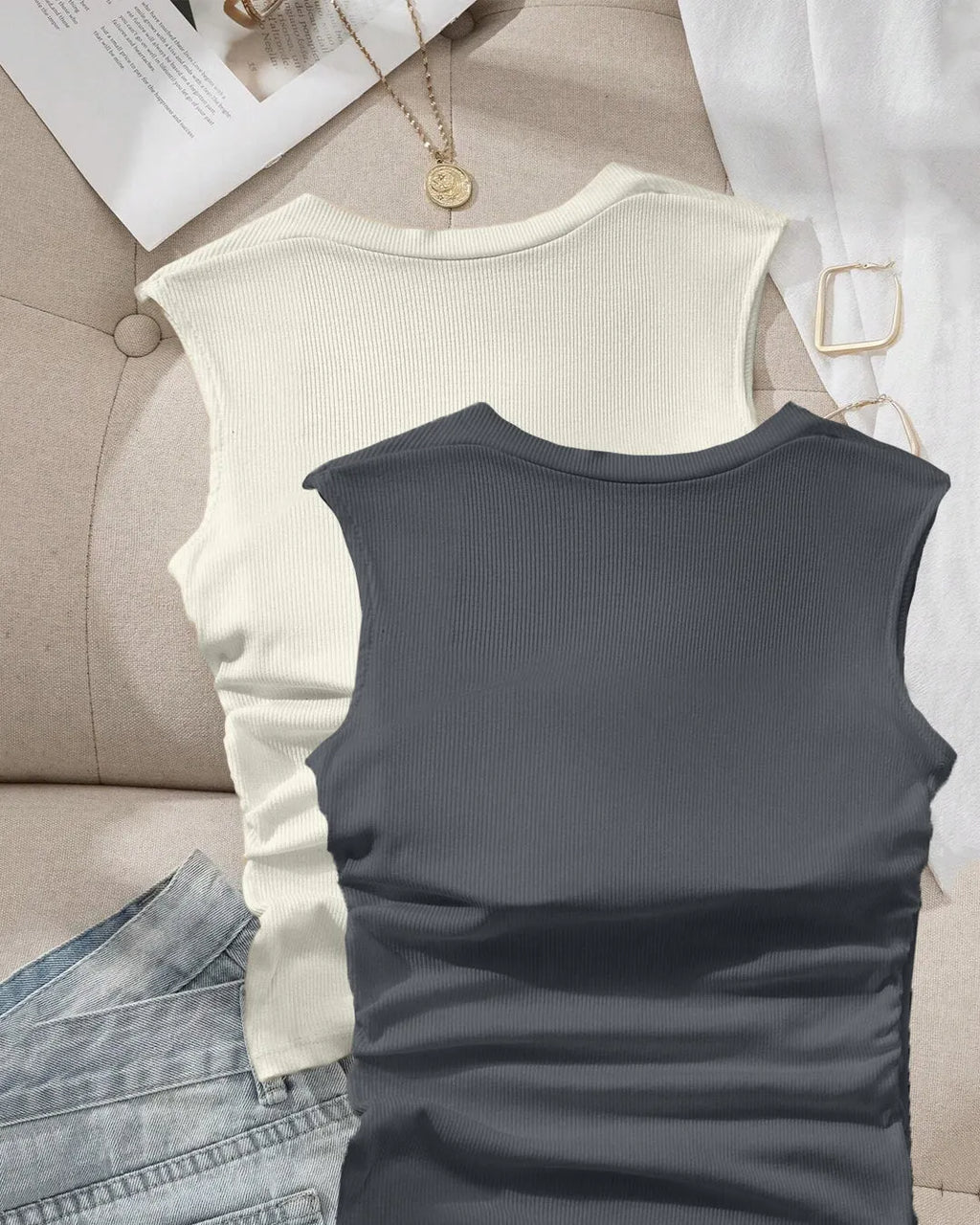Sleeveless Square Neck Fitted Top in Dark Grey and Milky White