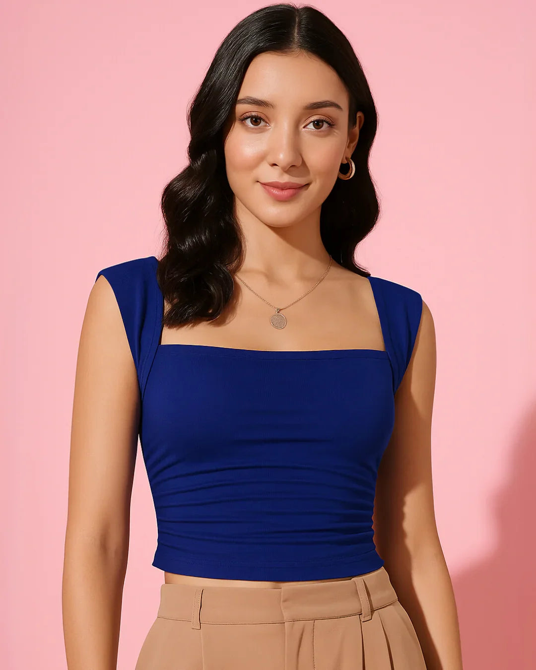 Sleeveless Square Neck Ruched Solid Top in Blue