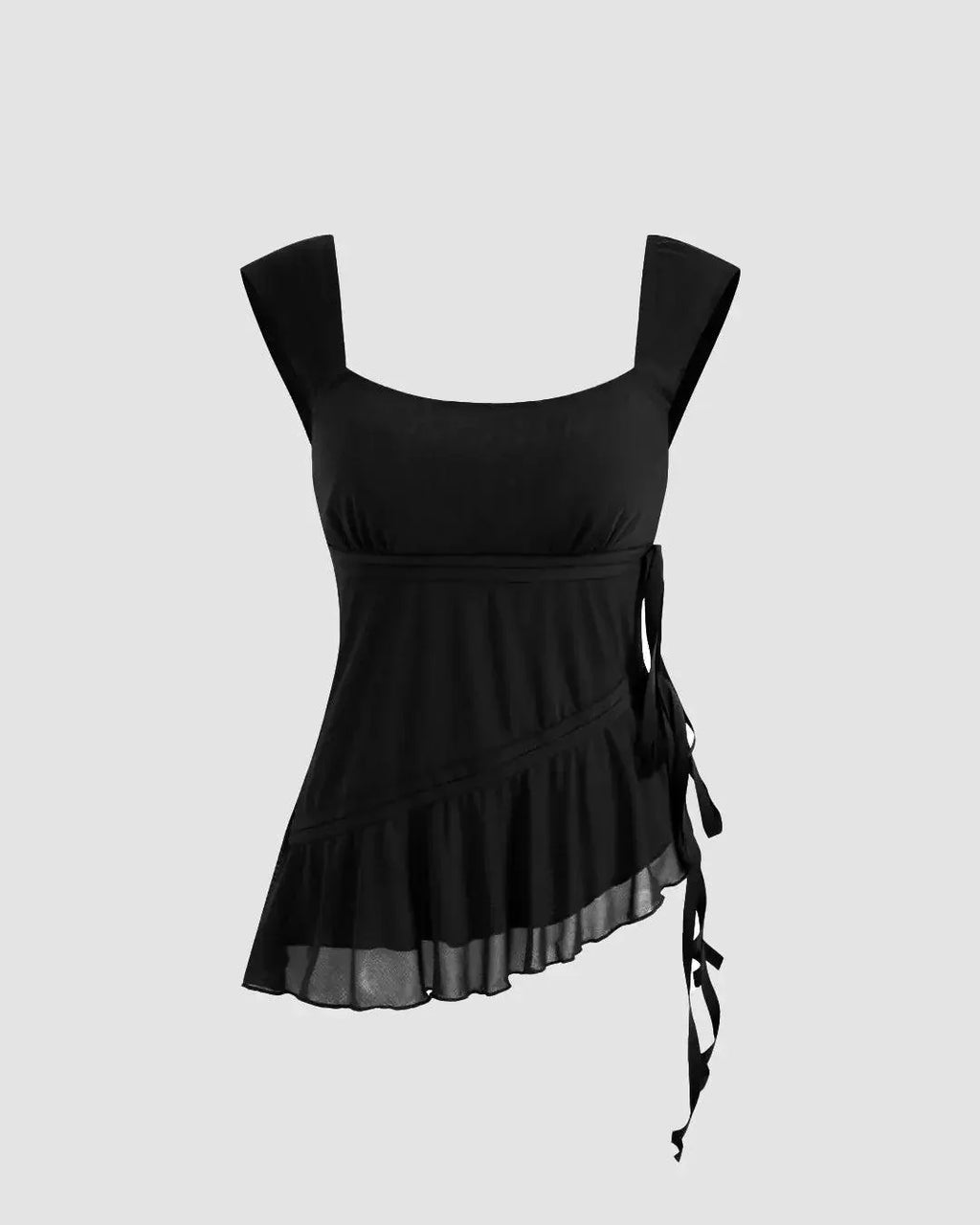 Sleeveless Square Neck Side Tie Ruffle Top in Black