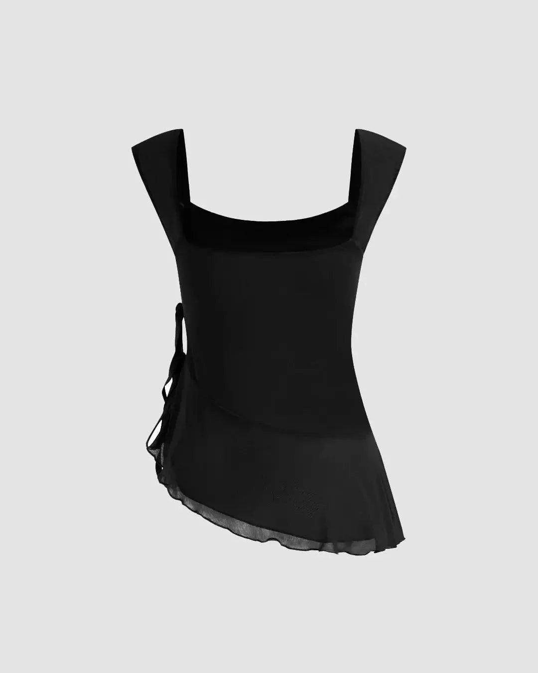 Sleeveless Square Neck Side Tie Ruffle Top in Black