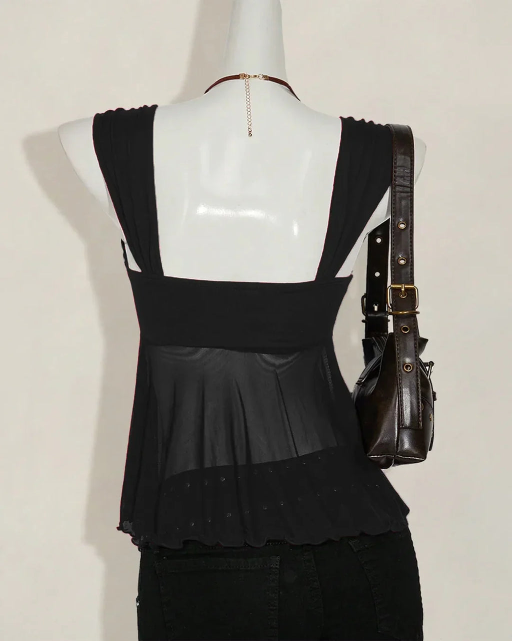 Sleeveless Tie Front Pleated Ruffle Top in Black