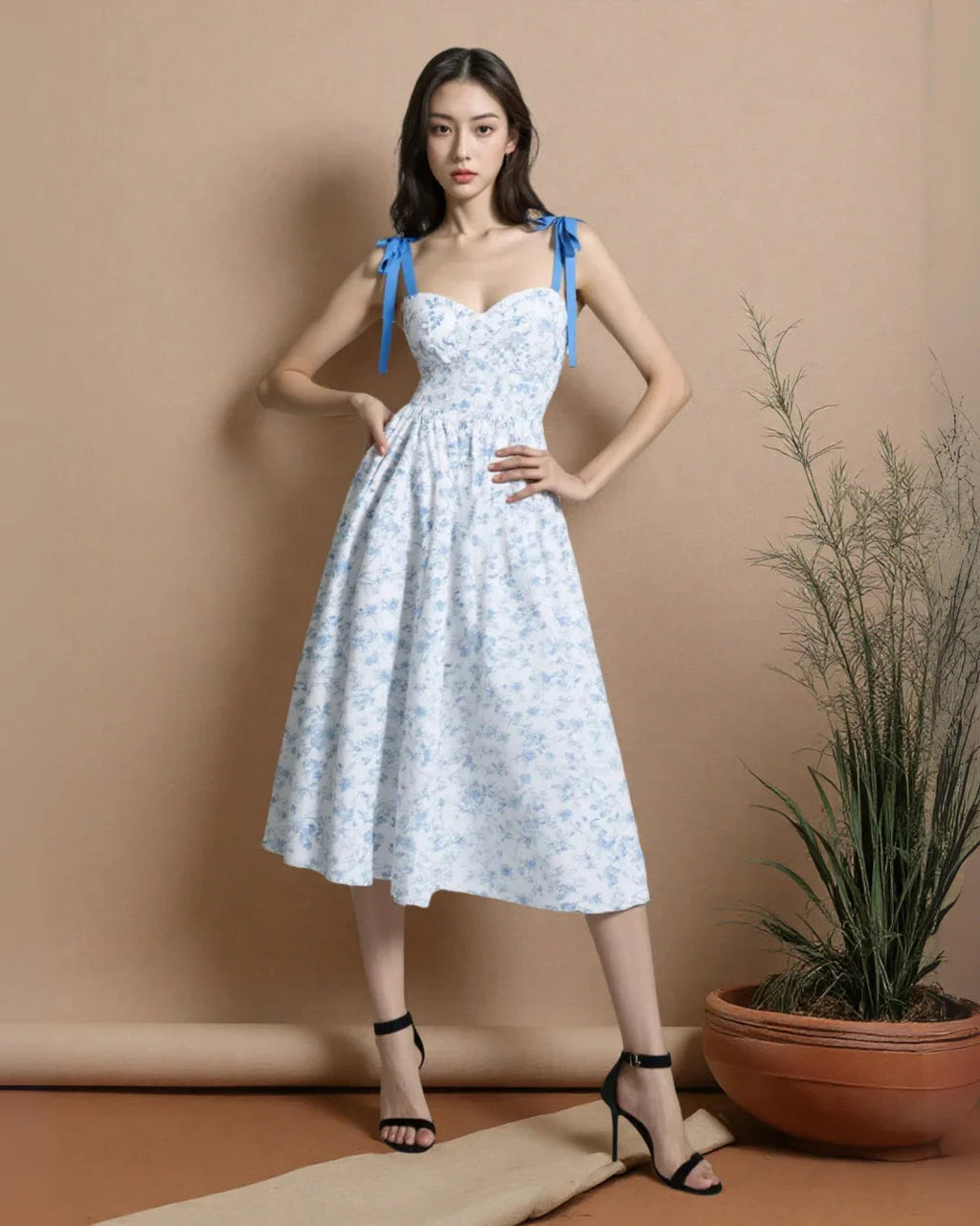 Sleeveless Tie Straps Floral Pleated Midi Dress