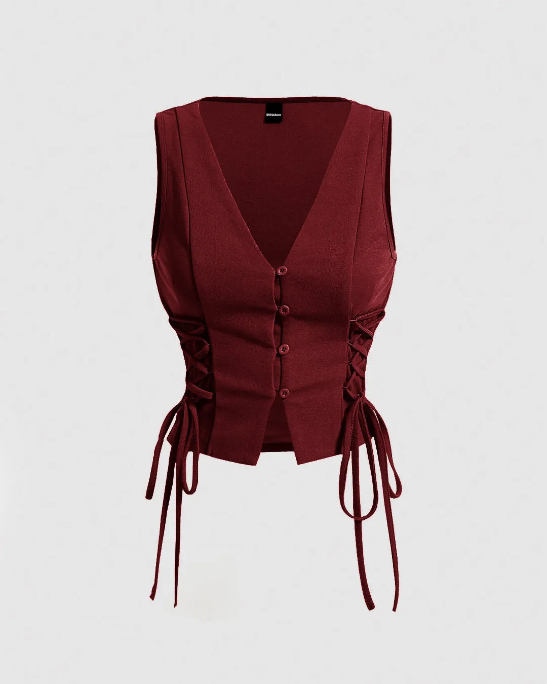 Sleeveless V Neck Button Front Tie-Up Top in Maroon