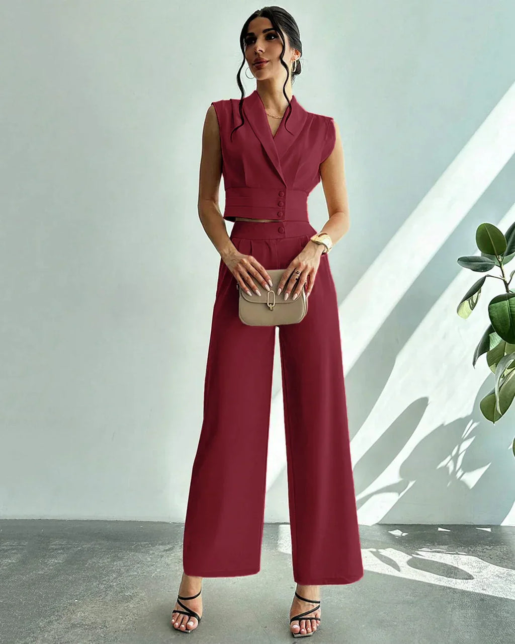 Sleeveless Wrap Crop Top & Pleated Wide-Leg Trousers Co-Ords Set