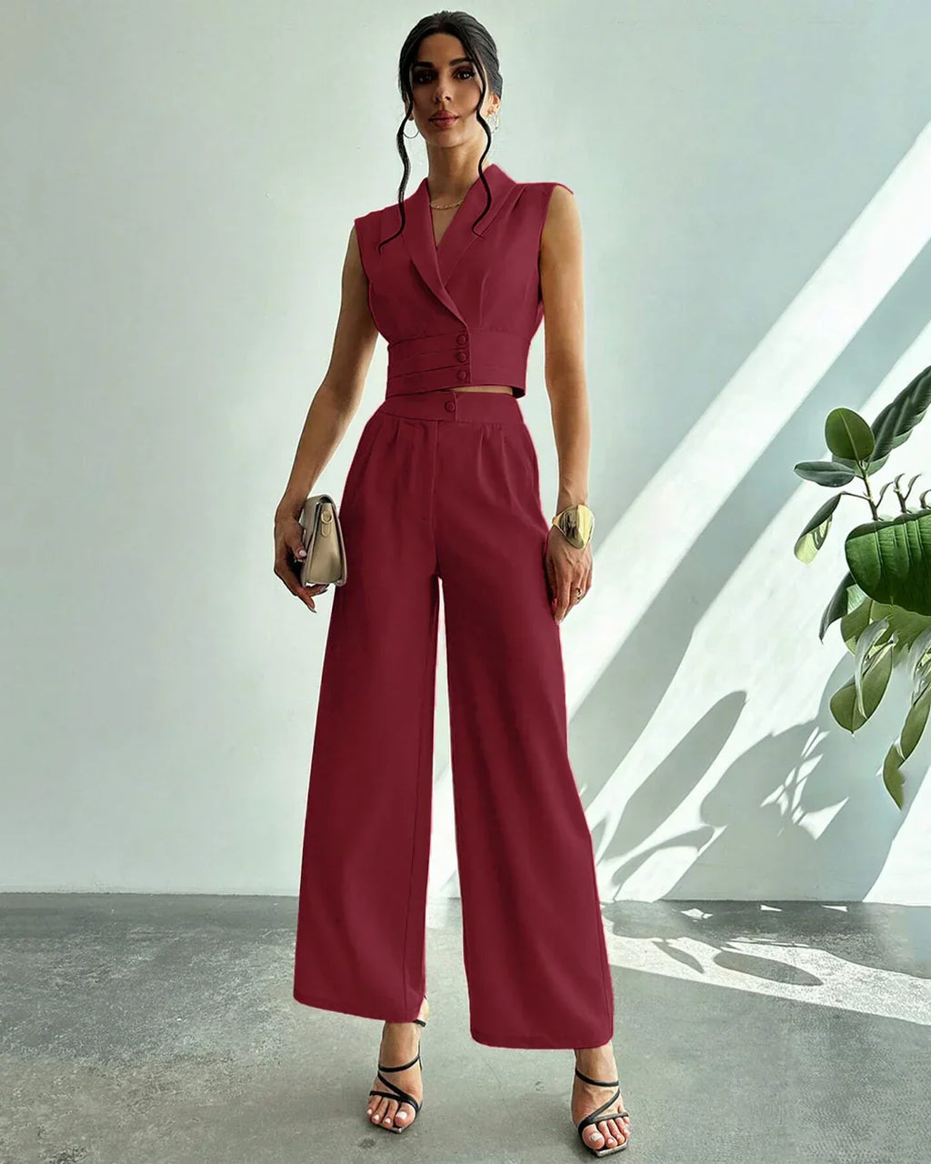Sleeveless Wrap Crop Top & Pleated Wide-Leg Trousers Co-Ords Set