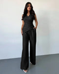 Sleeveless Wrap Top & Wide-Leg Trouser Matching Set in Black