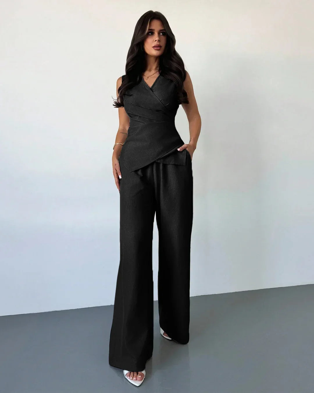 Sleeveless Wrap Top & Wide-Leg Trouser Matching Set in Black