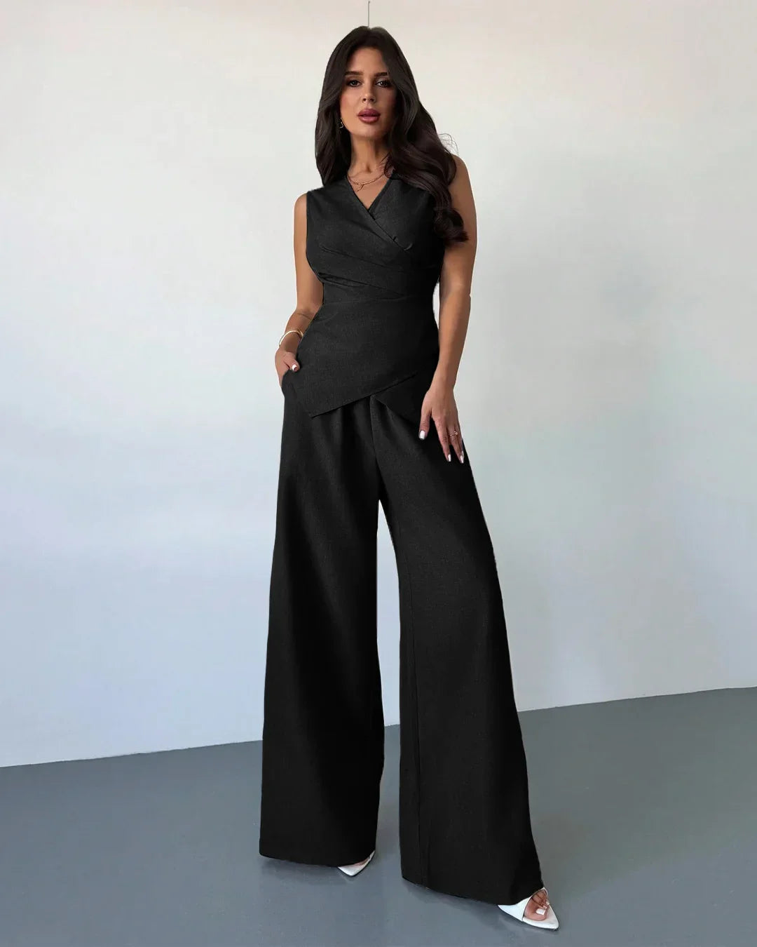 Sleeveless Wrap Top & Wide-Leg Trouser Matching Set in Black