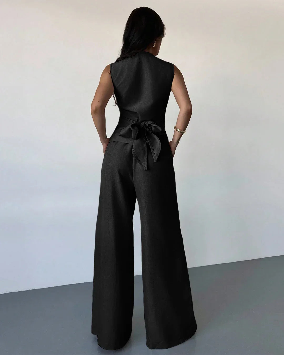 Sleeveless Wrap Top & Wide-Leg Trouser Matching Set in Black