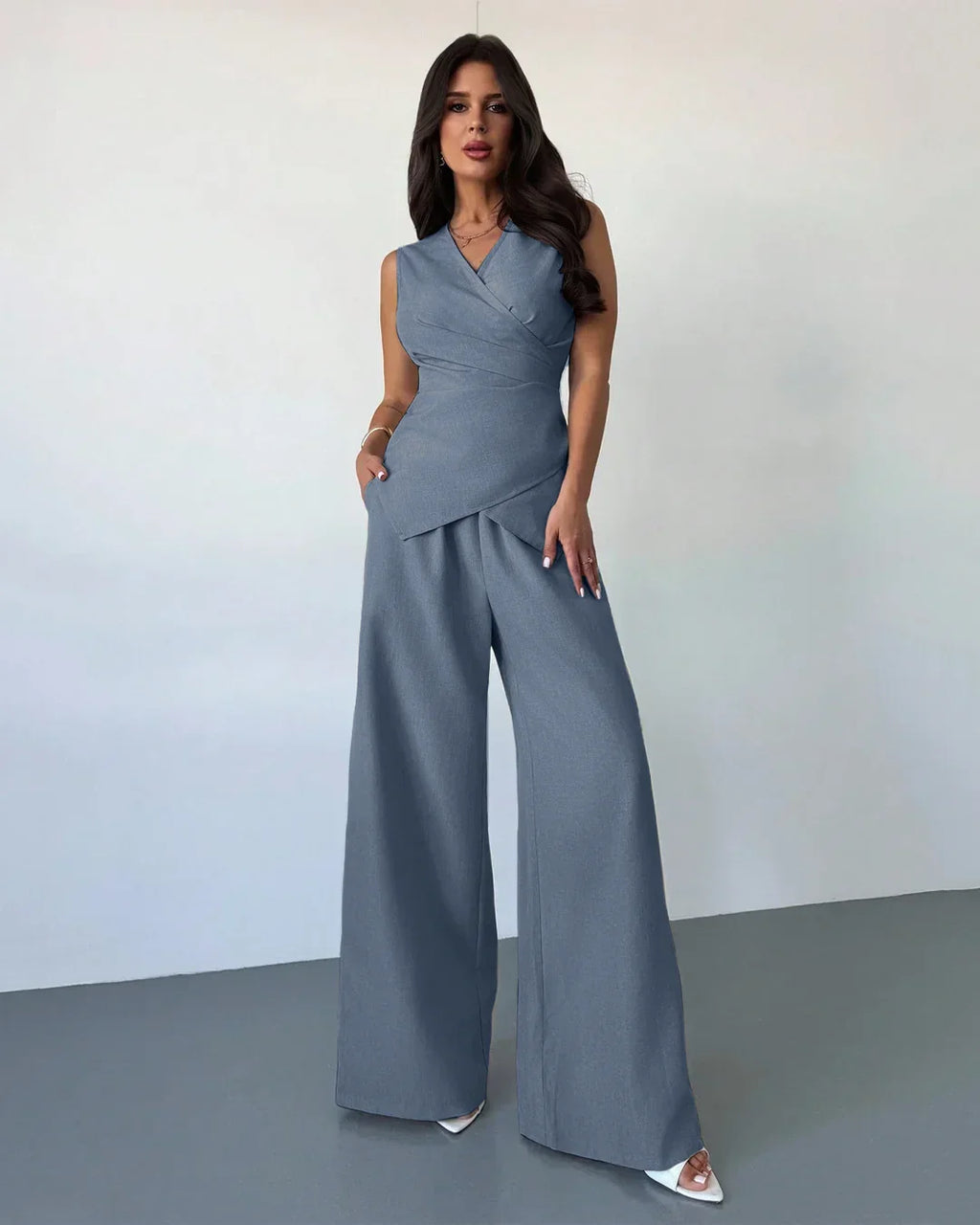 Sleeveless Wrap Top & Wide-Leg Trousers Matching Set in French Blue
