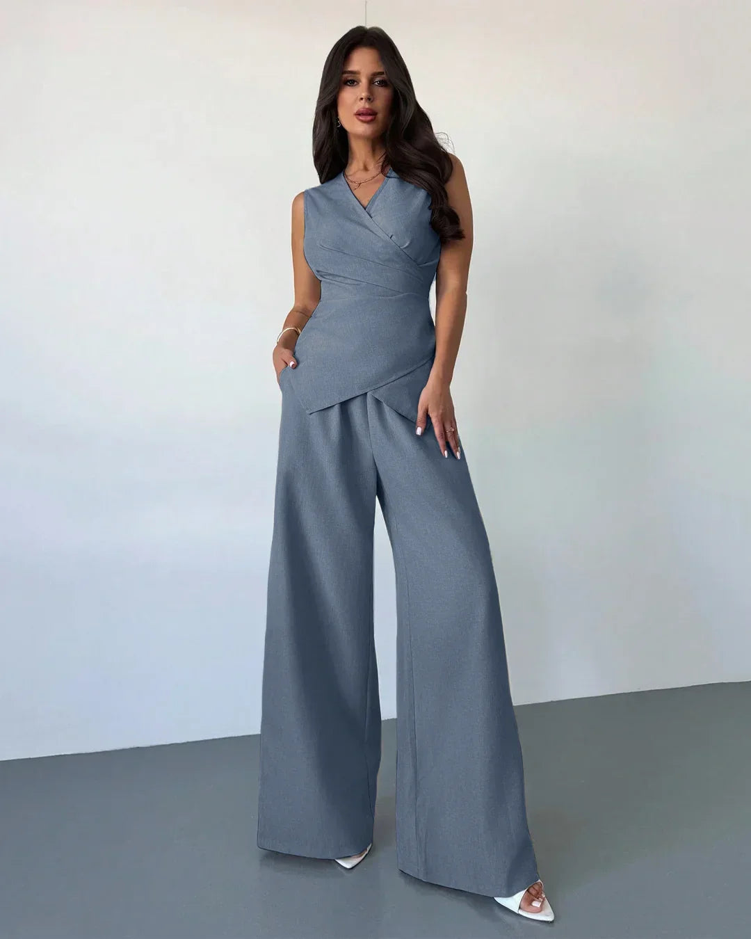 Sleeveless Wrap Top & Wide-Leg Trousers Matching Set in French Blue