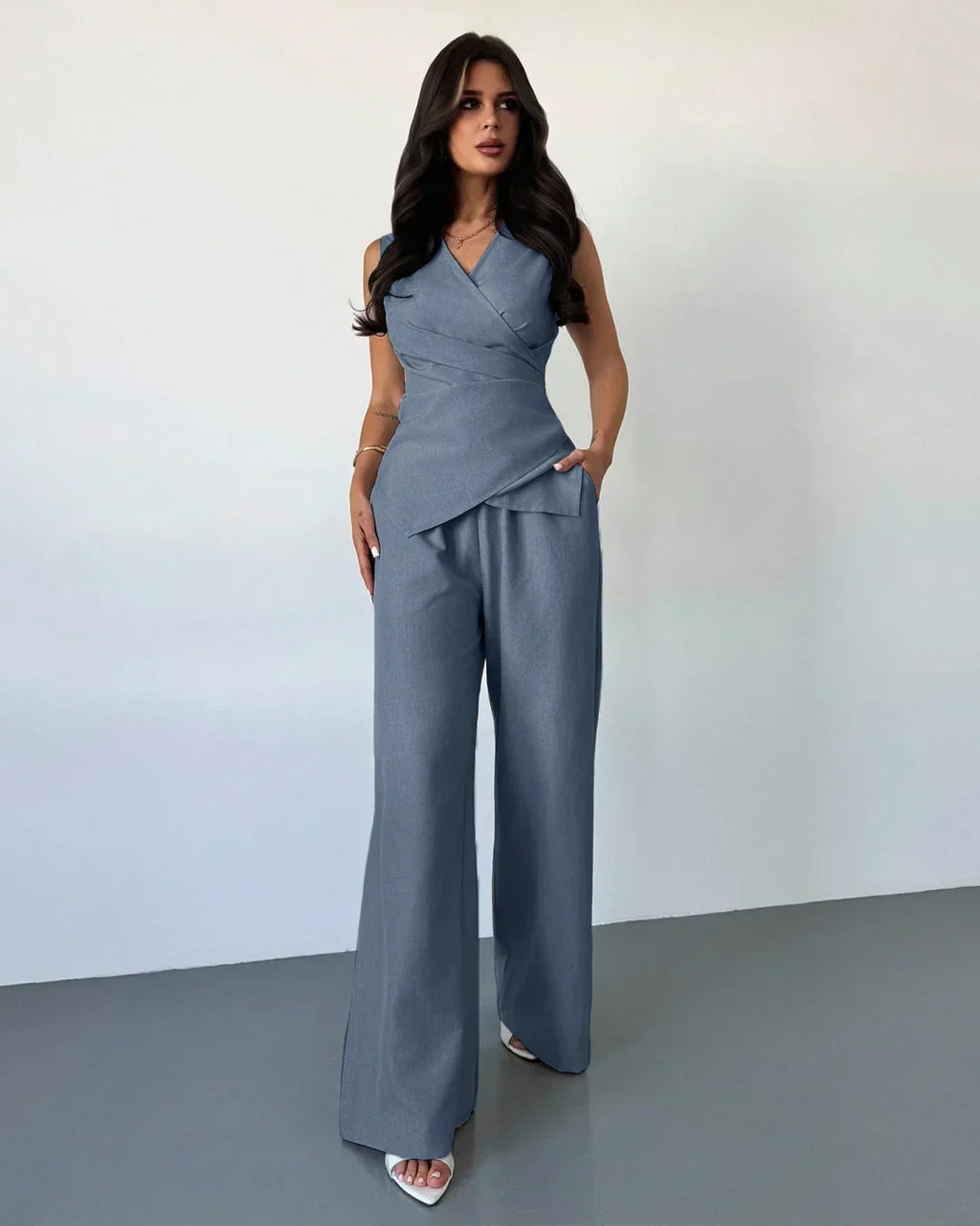 Sleeveless Wrap Top & Wide-Leg Trousers Matching Set in French Blue