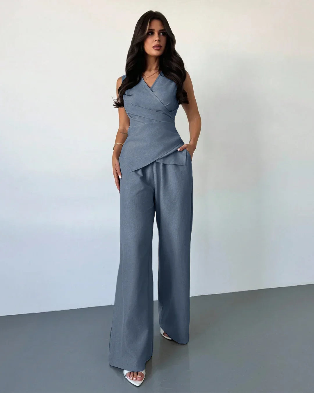 Sleeveless Wrap Top & Wide-Leg Trousers Matching Set in French Blue
