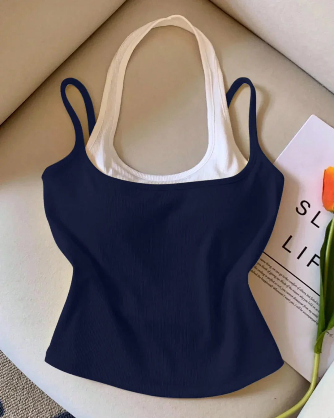 Slim-Fit Straight Hem Solid Sleeveless Tank Top in Navy Blue