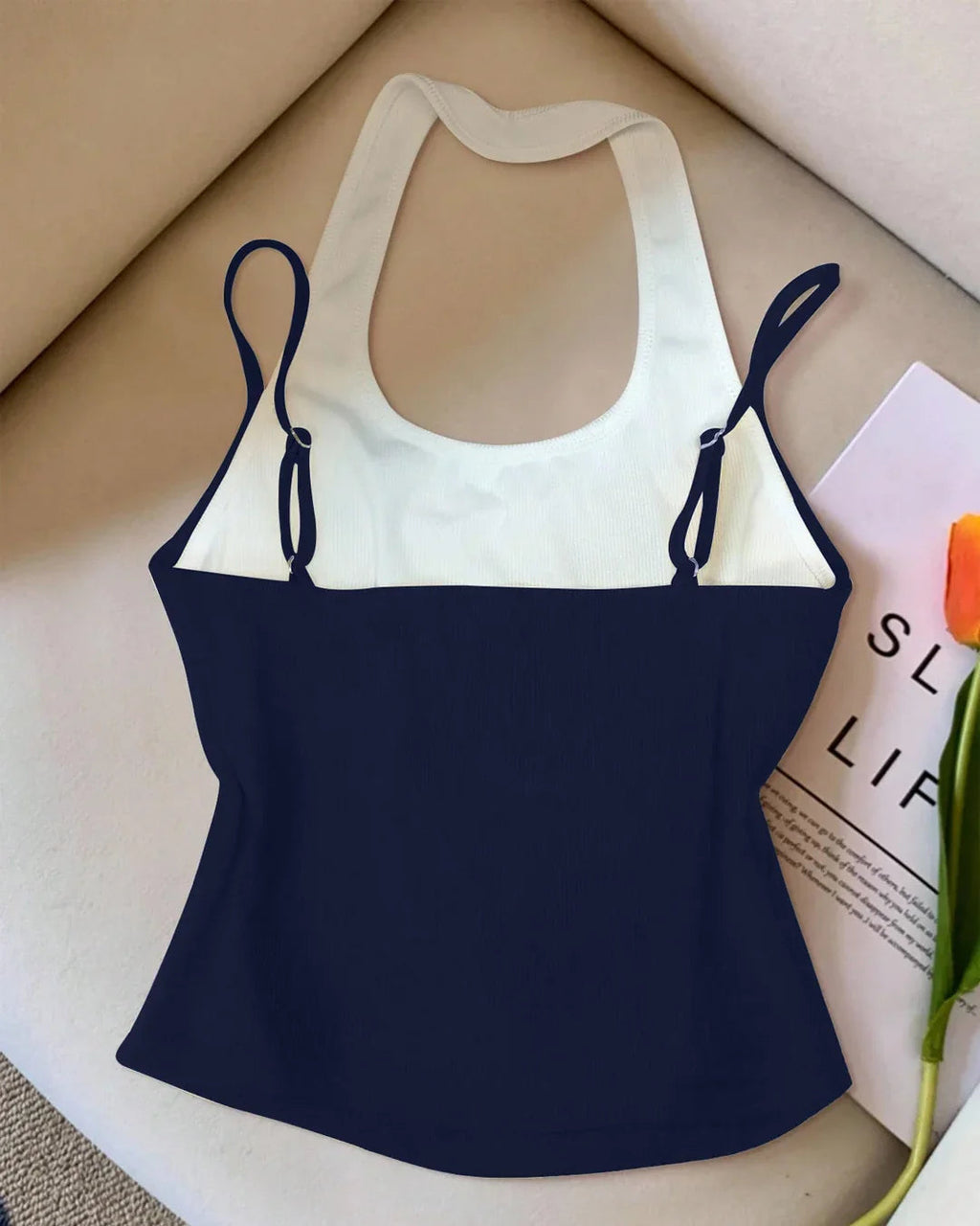 Slim-Fit Straight Hem Solid Sleeveless Tank Top in Navy Blue