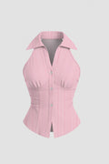 Slim Fit Halter Neck Button Front Sleeveless Top in Pink