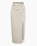 Slim Fit Straight Hem Solid Midi Skirt in Beige