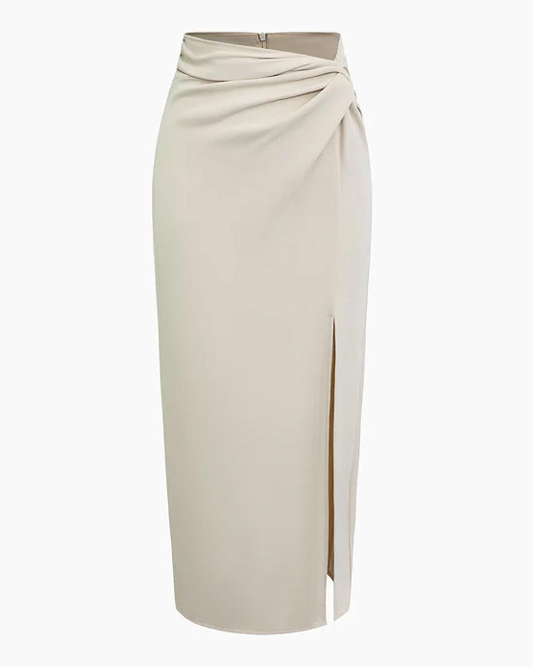 Slim Fit Straight Hem Solid Midi Skirt in Beige