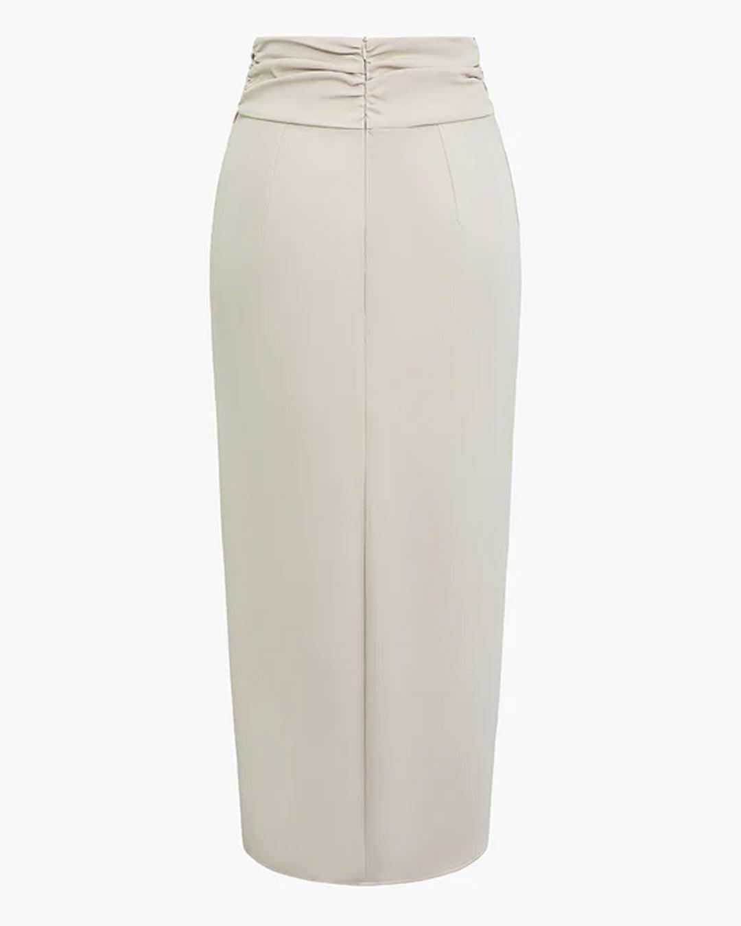 Slim Fit Straight Hem Solid Midi Skirt in Beige